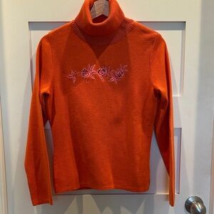 Bogner Orange Turtleneck Sweater with Pink Floral Design wool acrylic blend